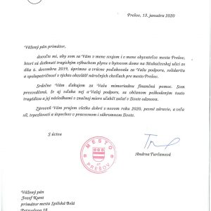 Poďakovanie primátorky Prešova za prejavenú pomoc